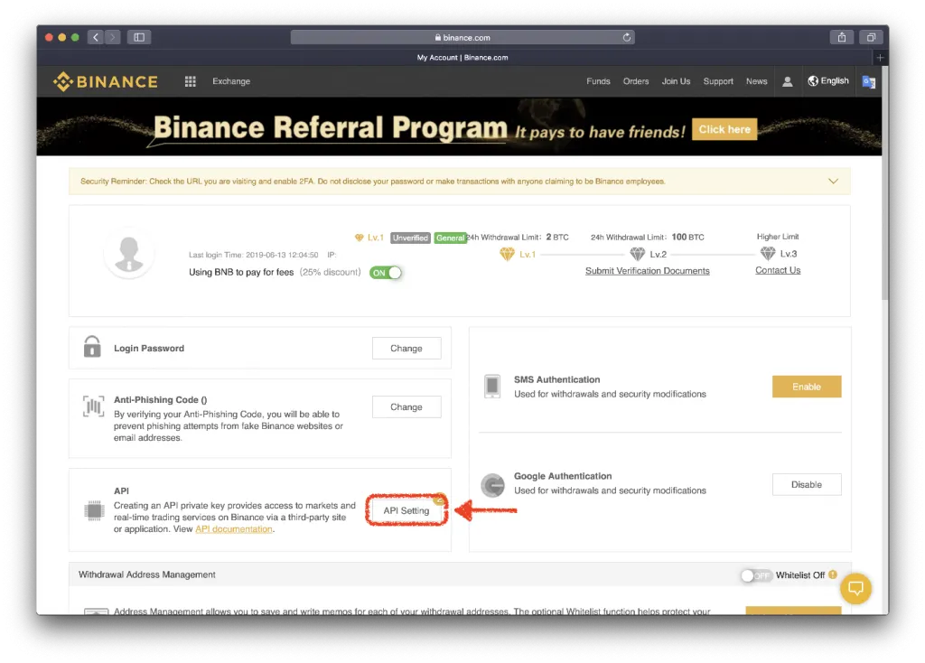 Binance account page highlighting “API Settings” in red.