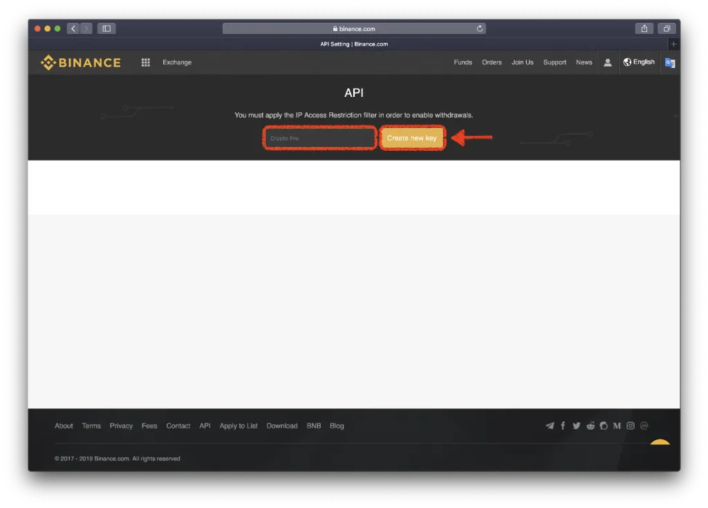 Binance create a new API page, with “Create New Key” highlighted in red.