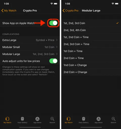 crypto pro apple watch app settings