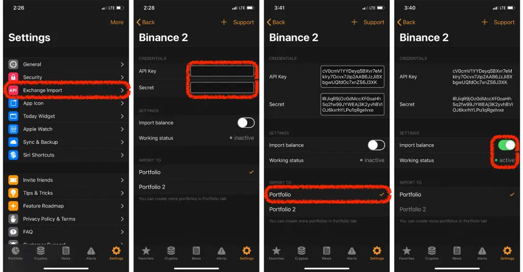 crypto pro app, settings page, instructions on adding a new exchange import via binance API Keys (highlighted in red)
