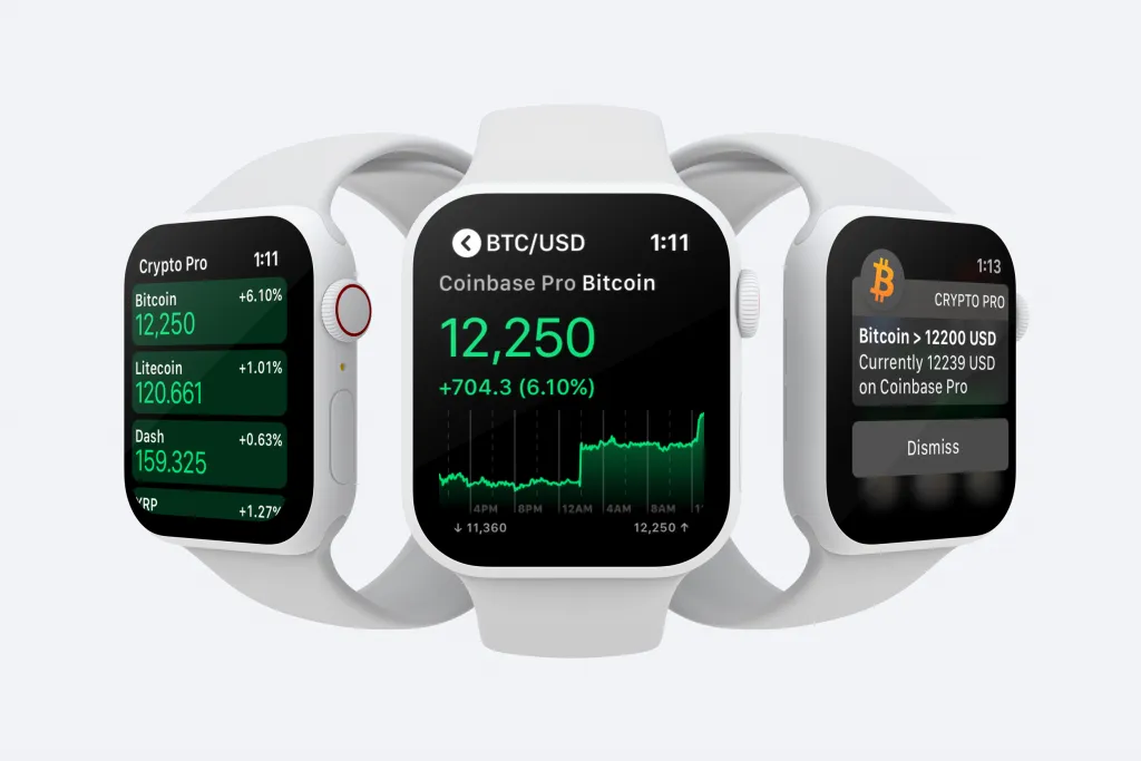 Three apple watches showing the price of Bitcoin, Litecoin and Dash on Crypto Pro’s Apple Watch App.