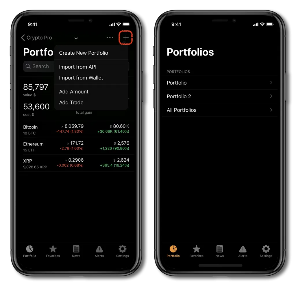 Screenshot of Crypto Pro, showing how to add coins to your portfolio