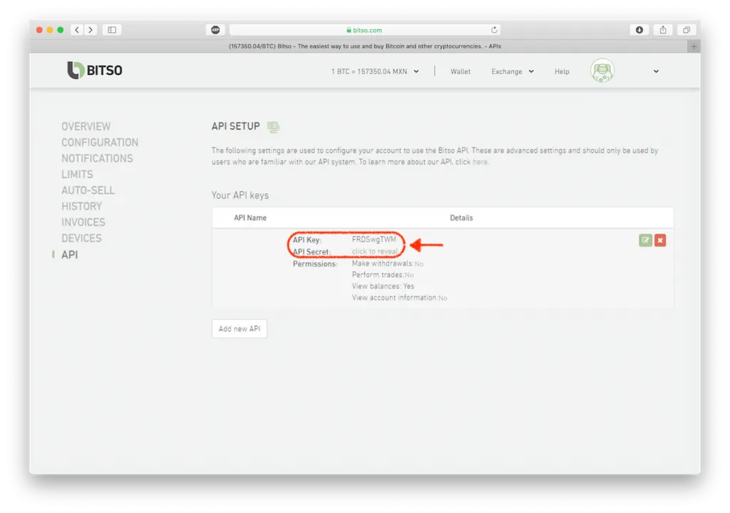 image of bitso api key and secret