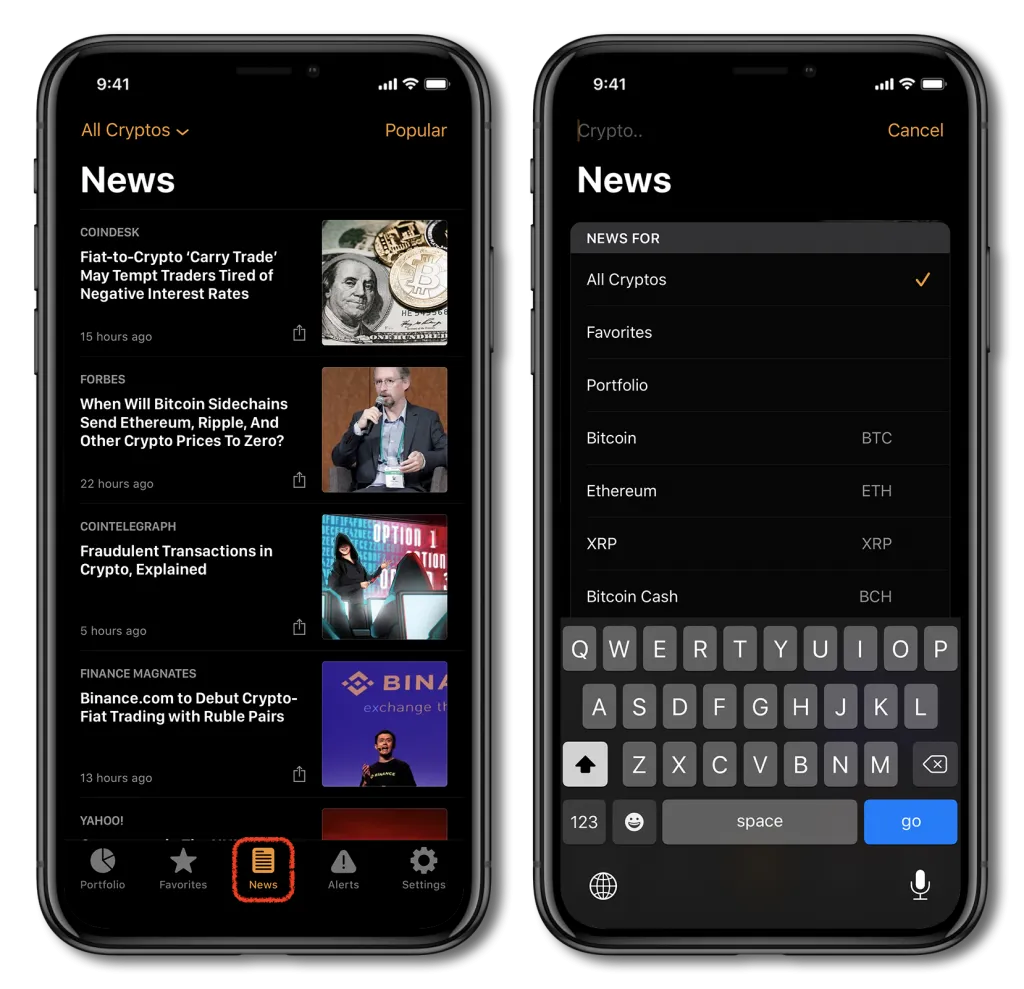 Screenshot of Crypto Pro, showing how to read cryptocurrency news.