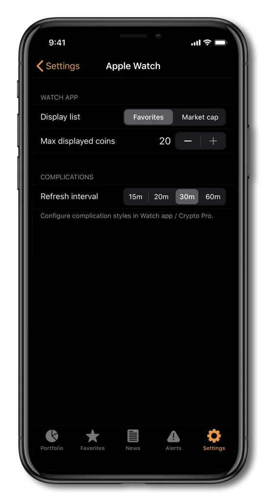 Screenshot of Crypto Pro, showing Apple Watch settings tab