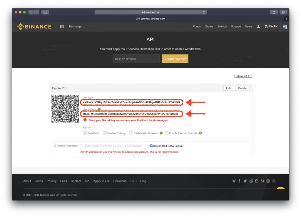 Binance’s New API and Secret Key creation page (highlighted in red)