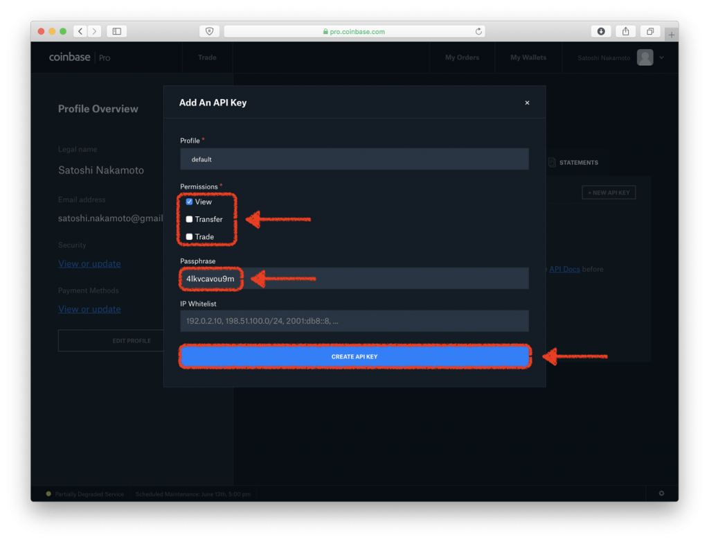 Coinbase Pro API Key settings required to connect with crypto pro (highlighted in red)