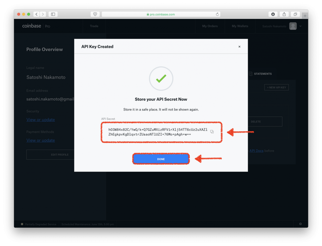 Coinbase API Secret key  created message (highlighted in red)