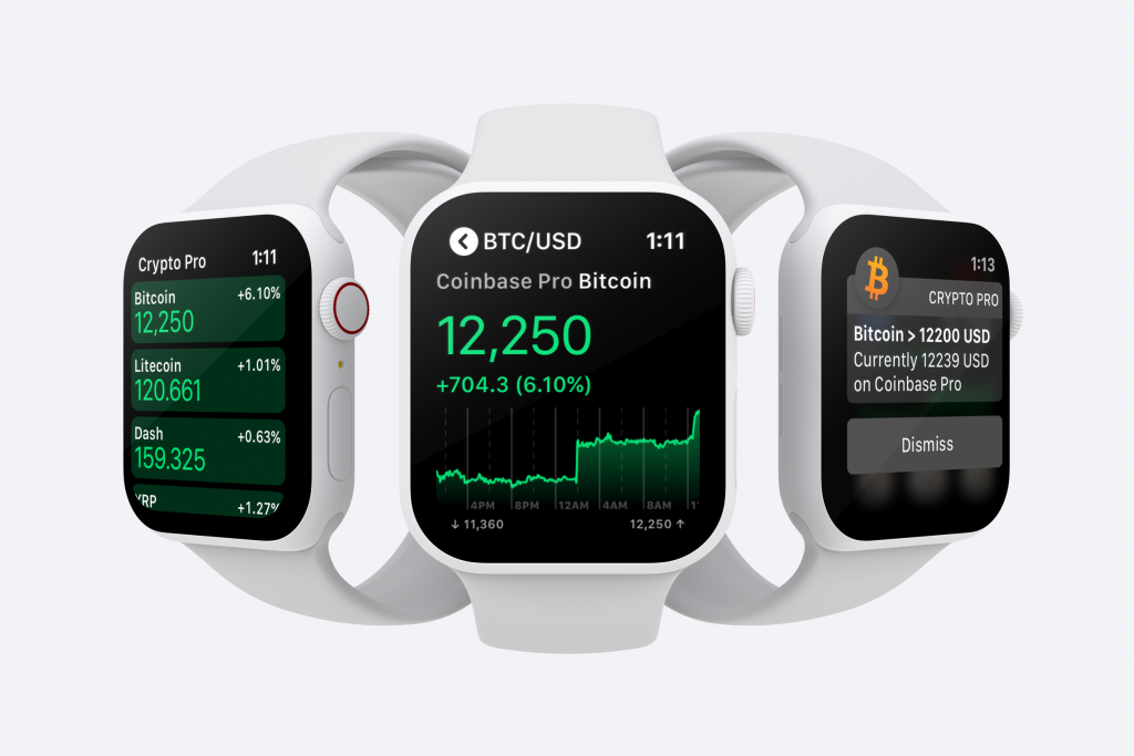 Three apple watches showing the price of Bitcoin, Litecoin and Dash on Crypto Pro’s Apple Watch App.