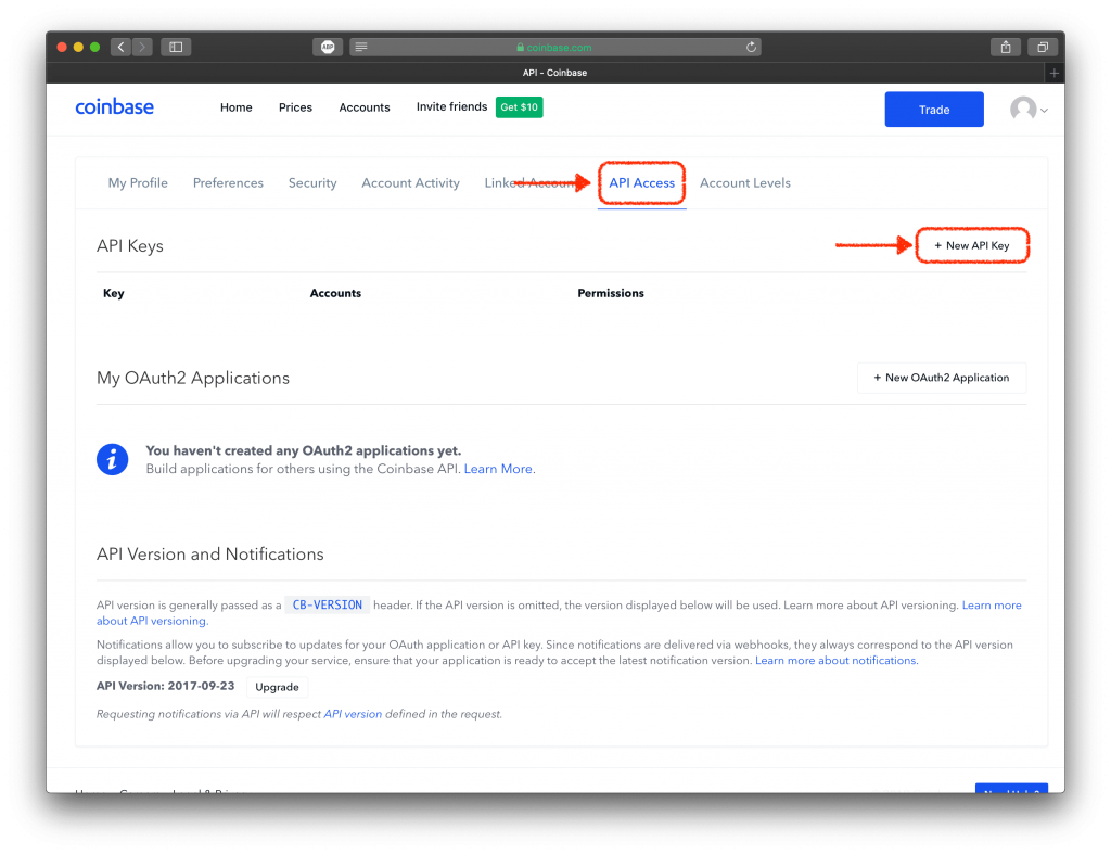 Screenshot of Coinbase’s settings page, highlighting "API Access" and "+ New API Key"