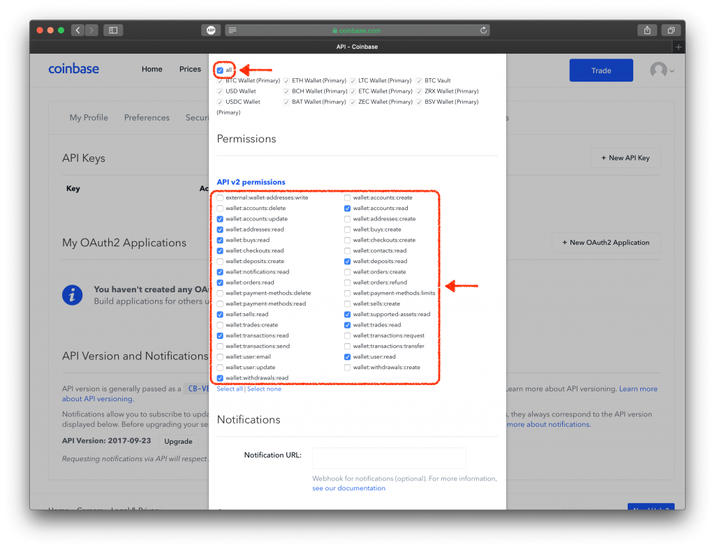 Screenshot of Coinbase’s API settings and permissions.