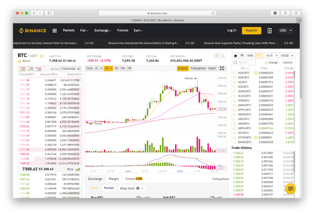 Screenshot of Binance’s dashboard showing trading pairs and charts.