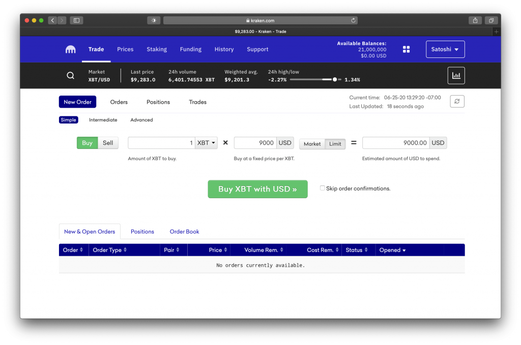 Screenshot showing Kraken’s simple trading terminal