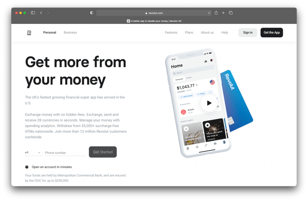 revolut’s debit card displayed on their homepage